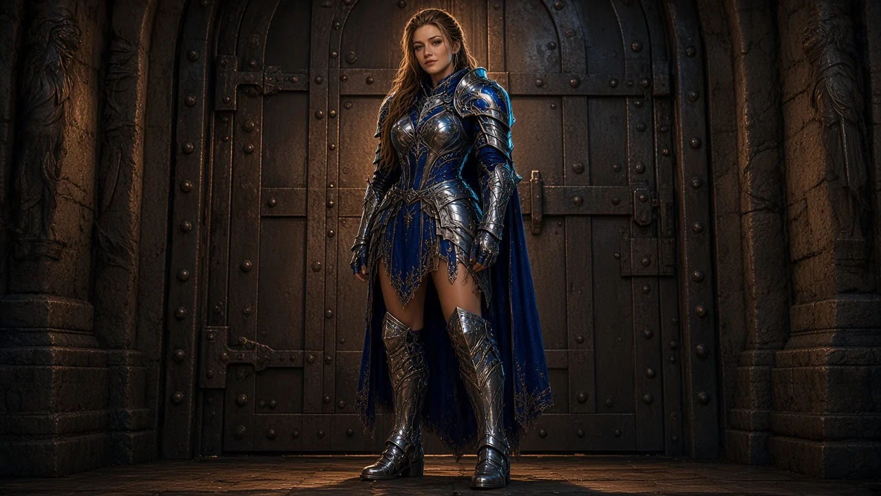 Heroic female knight in polished cobalt plate at her own custom server door