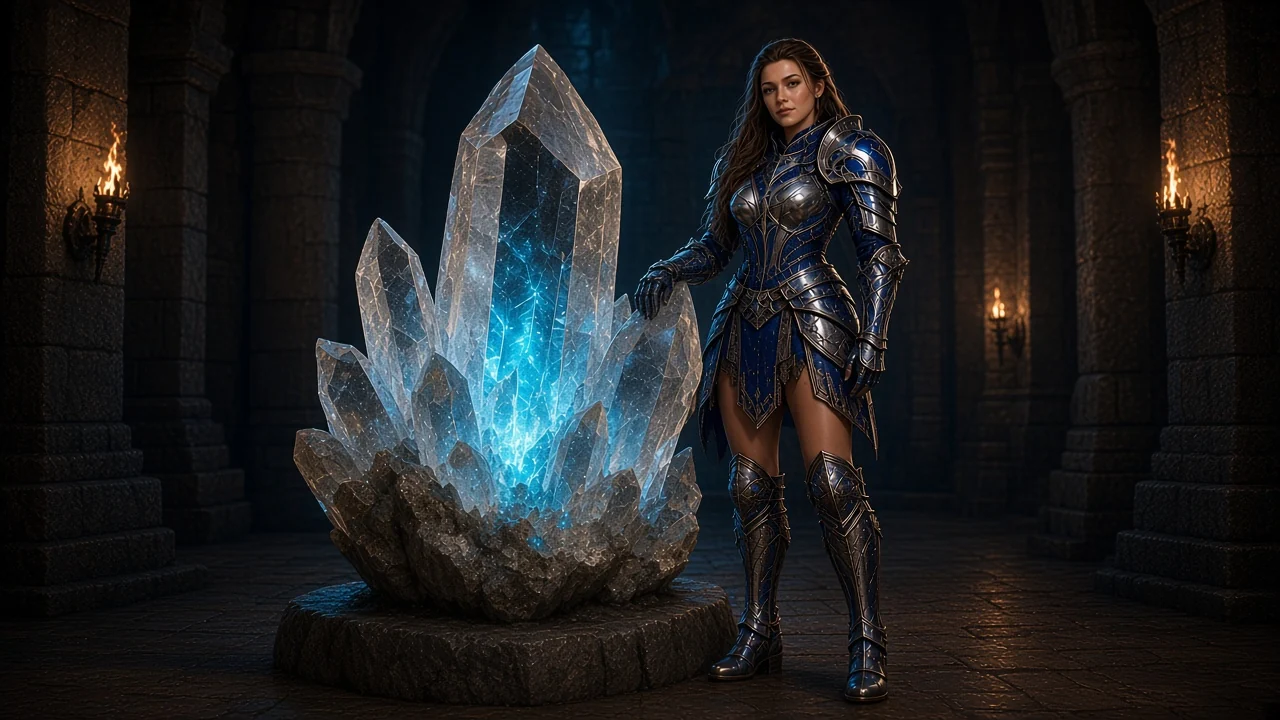 Heroic female knight in polished cobalt plate activating the on-demand start crystal