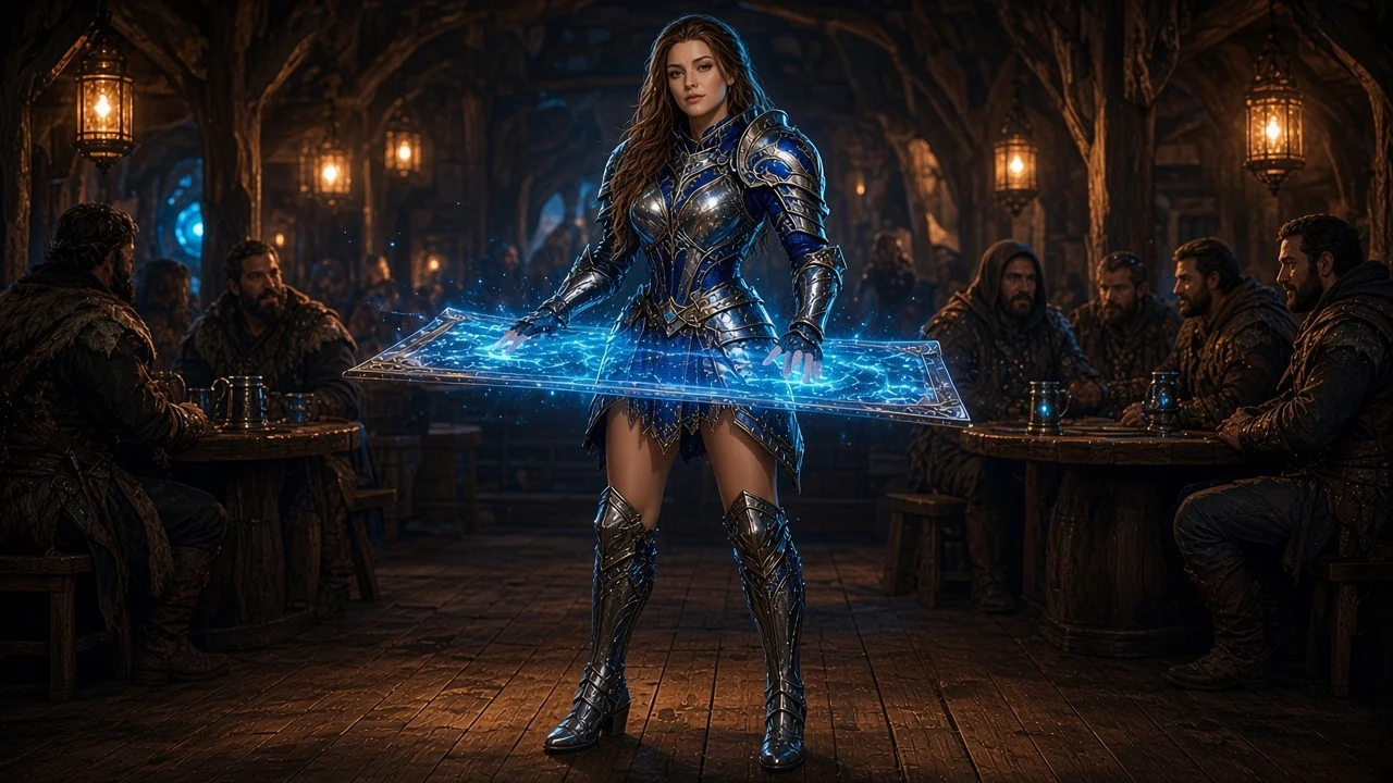 Heroic female knight in polished steel and cobalt plate, reading the glowing connect board
