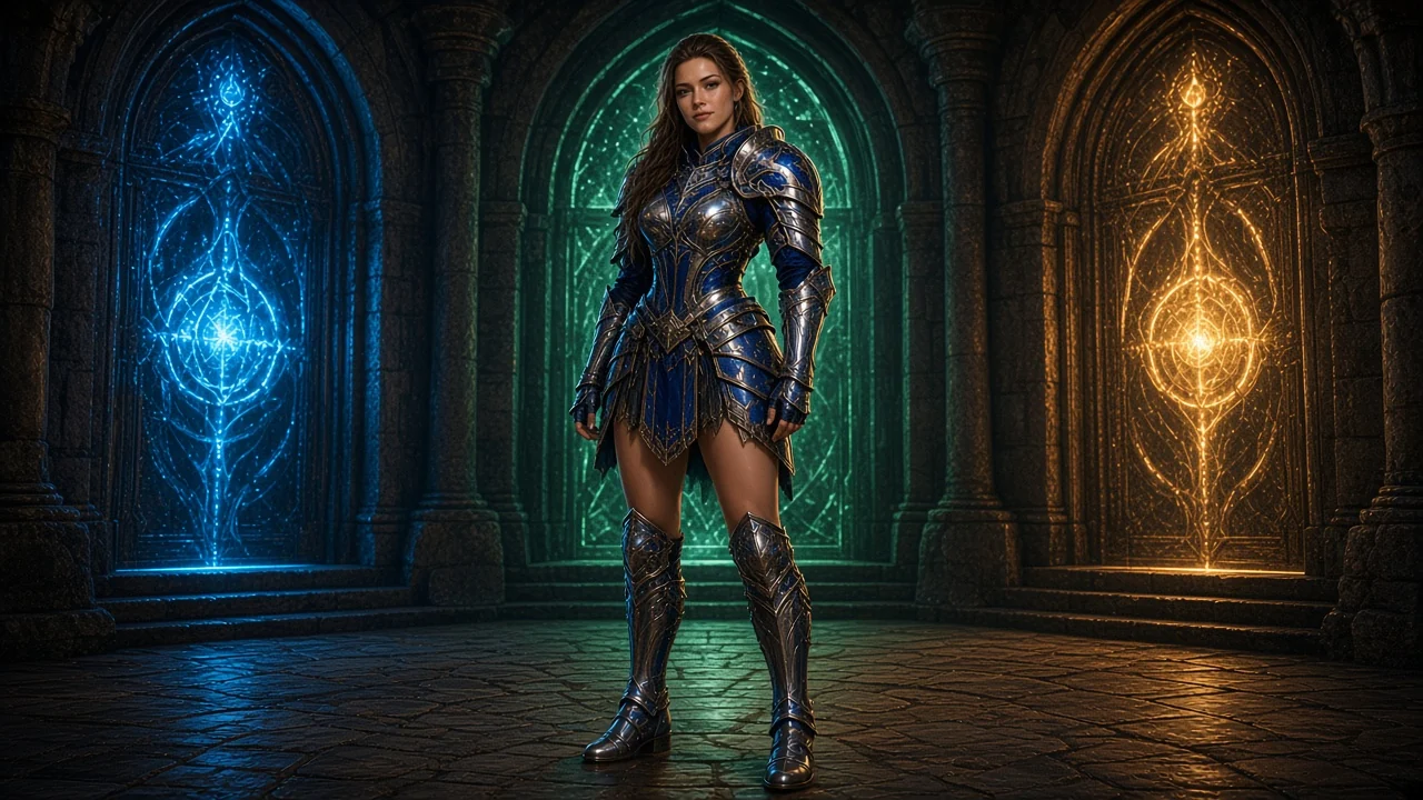 Heroic female knight in polished steel and cobalt plate, choosing Always-on, On-demand, or Custom