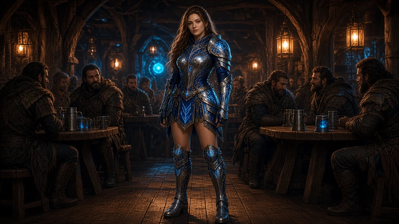 Heroic female knight in polished steel and cobalt plate, copying glowing connect runes