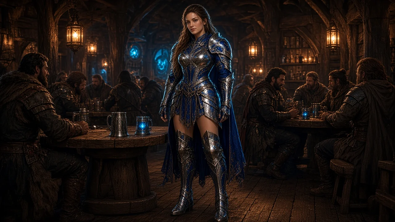 Heroic female knight in polished steel and cobalt plate with cyan rim light, at the Discord tavern table