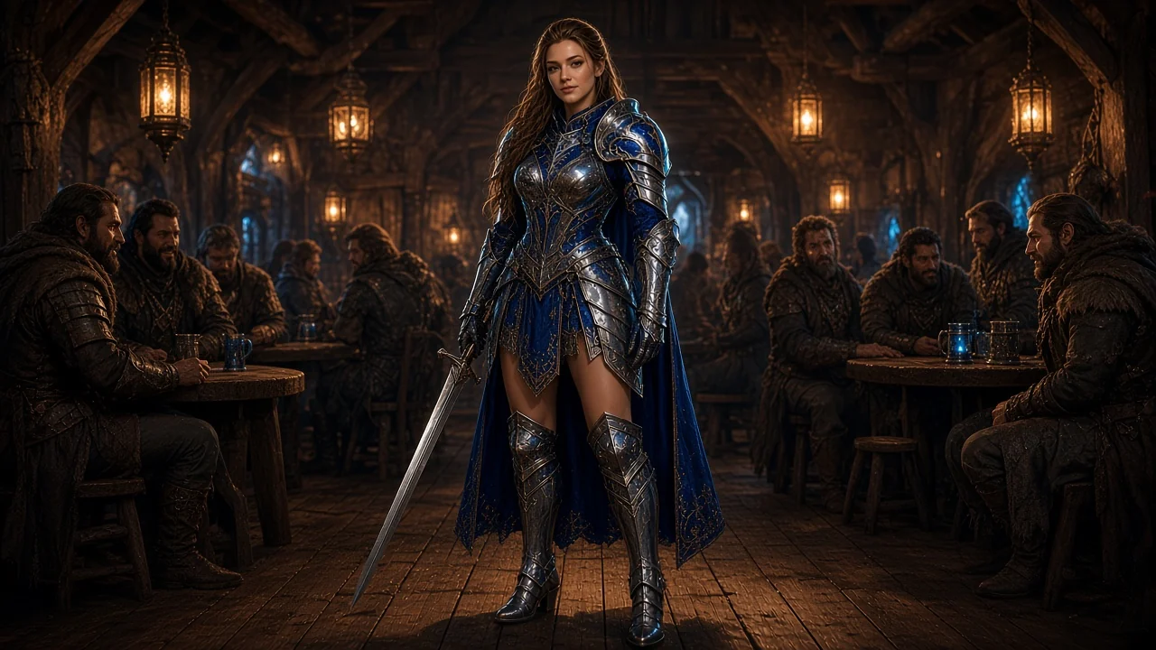 Heroic female knight in polished steel and cobalt plate, sword lowered, honorable stance