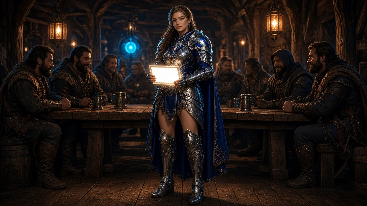 Heroic female knight in polished steel and cobalt plate, holding a glowing free-account pass
