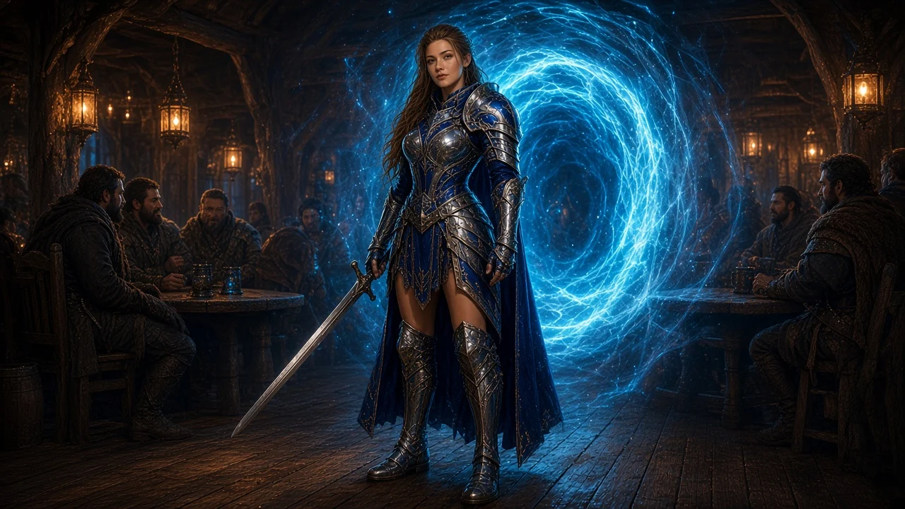 Heroic female knight in polished steel and cobalt plate, drawing her sword at a cyan portal